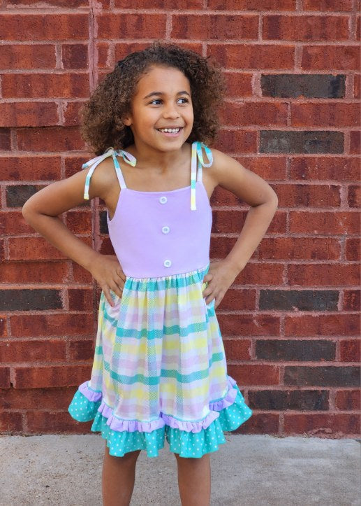 Green Purple Plaid Ruffle Girl Twirl Dress