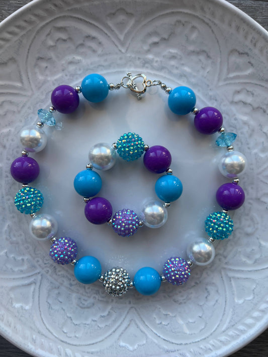 Purple Blue Chunky Bead Necklace Set