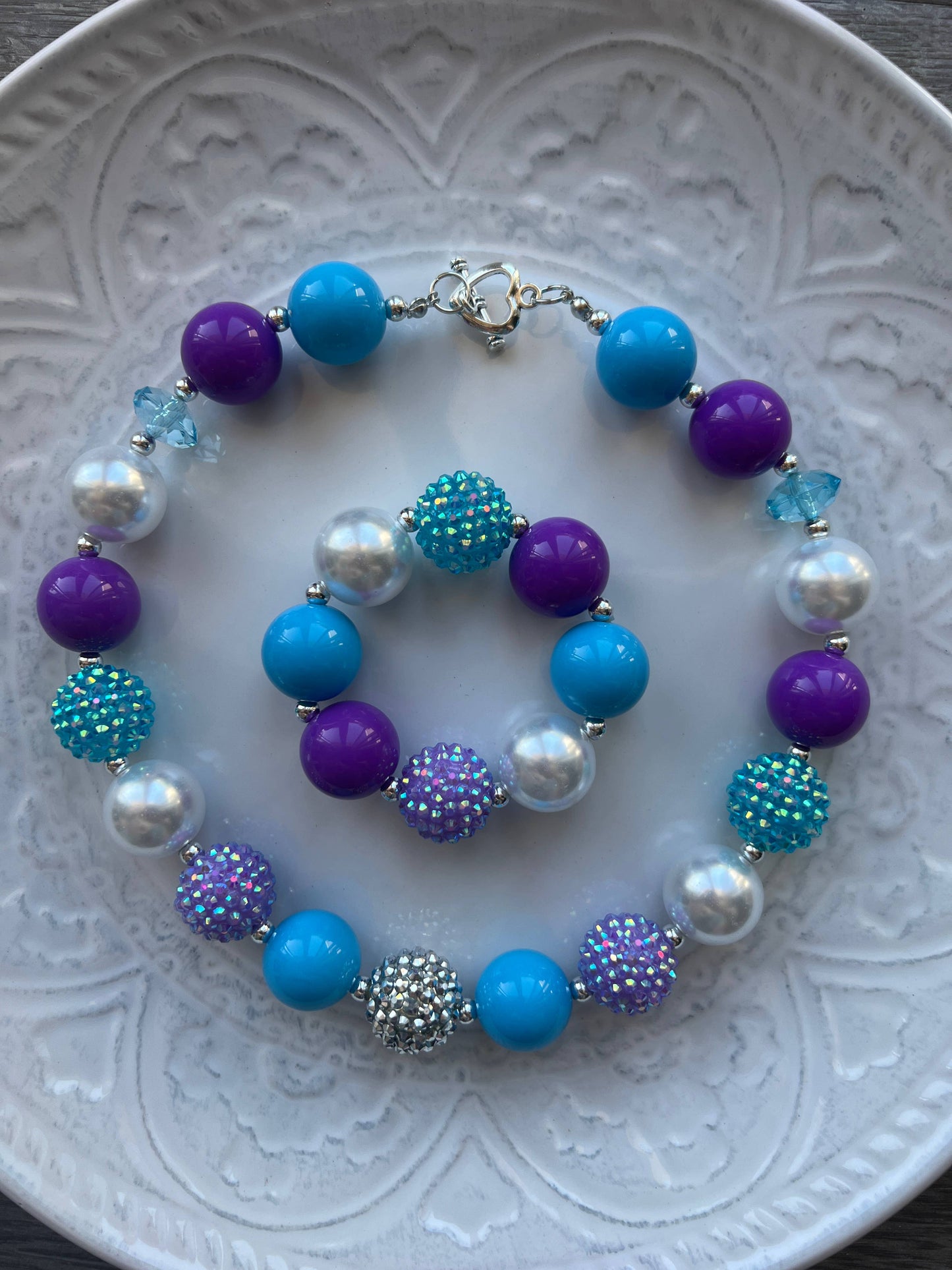 Purple Blue Chunky Bead Necklace Set